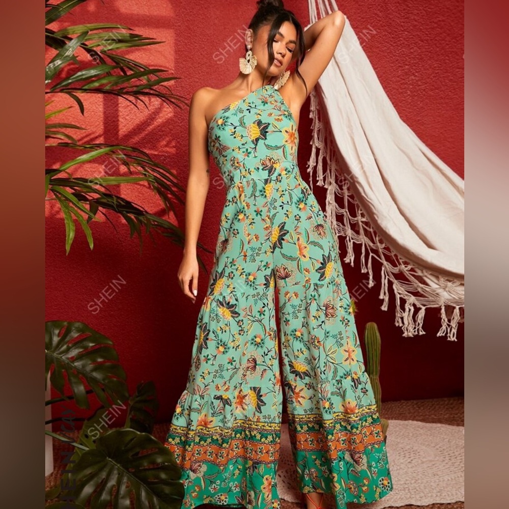 SHEIN VCAY Floral Print One Shoulder Wide Leg Jumpsuit